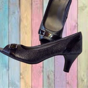 Life Stride Black Metallic Open Toe Heels NWT